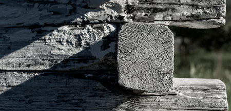 A fragment of the wall of an old wooden house with an old weathered whitewashの写真素材