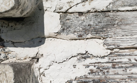 A fragment of the wall of an old wooden house with an old weathered whitewash