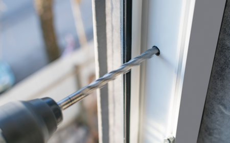 A hammer drill punches a hole for fixing a plastic window in a new houseの写真素材