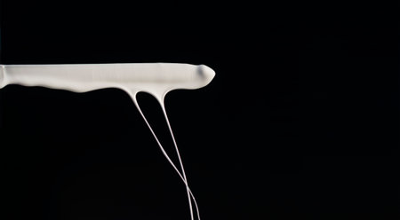 Dripping white thick paint on a dark backgroundの写真素材