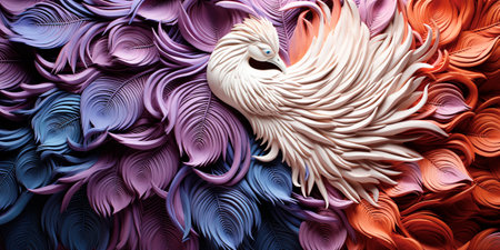 Three-dimensional background illustration with various colored feathers and down of birds for holiday cards and web development,Generated by AIの素材