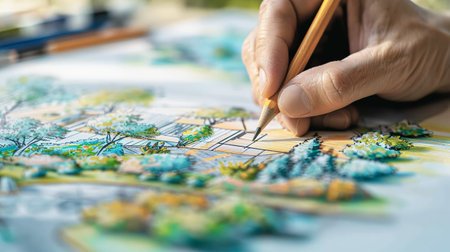 The architect draws a layout of a modern building and the surrounding area,Generated by AIの素材