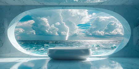 Bathroom with a large panoramic window in a house by the sea,Generated by AIの素材