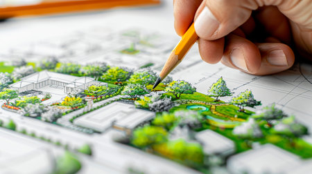 The architect draws a layout of a modern building and the surrounding area,Generated by AIの素材