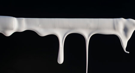 Dripping white thick paint on a dark backgroundの写真素材