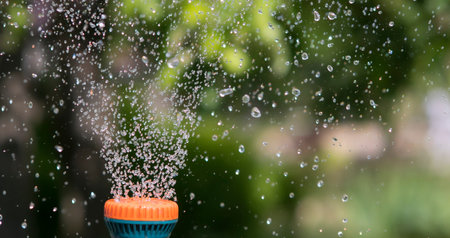 View of the spray of water from the sprayer in the summer garden