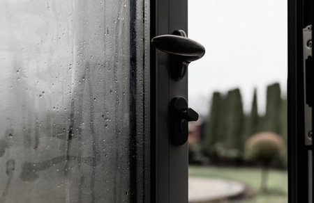 The glass door is fogged up from moisture in the houseの写真素材