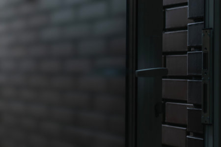 New plastic door in a private house made of dark brickの写真素材