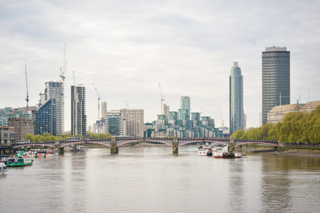 View upstream from Westminster Bridge to Lambeth Bridge with St Georges Wharf Tower, 

or Vauxhall...