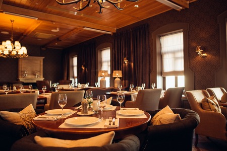 Interior of a modern restaurant, classical design, by dayの写真素材