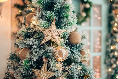 Decorated Christmas tree on blurred, sparkling and fairy backgroundの写真素材