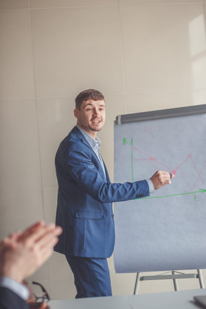 Business plan explained on flipchart by CEO to employees