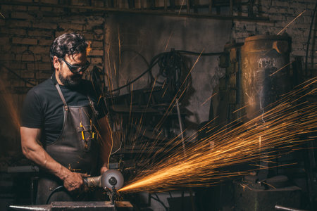 man using angle grinder sparksの写真素材