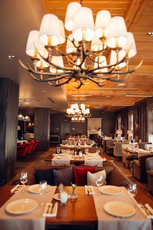 Interior of a modern restaurant, classical design, by dayの写真素材