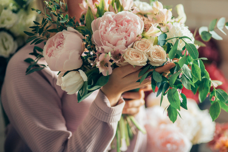 people, business, sale and floristry conceptの写真素材