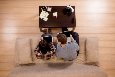Multi ethnic students couple preparing for exams. top viewの写真素材