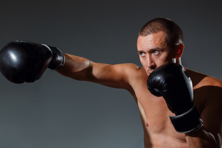 boxer is ready to deal a powerful blow.の写真素材