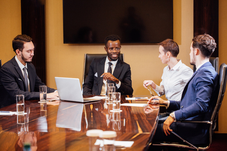 Successful business presentation of a man at the officeの写真素材