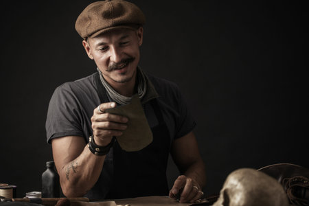 Whiskered shoemaker with making measurments in patterns at table in workshop