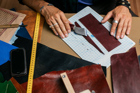 Close up of skinner craftsman working with natural leather using craft tools.