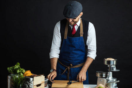 Cook stands in the studio near a wooden table against black wall.の写真素材