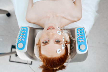 Woman with electrodes on her face, receiving electric stimulation on her skin.