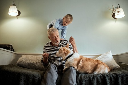Grandfather and grandson with dog sitting at couch in roomの写真素材