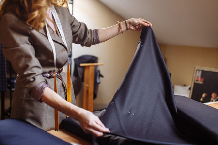 Female tailor choosing fabric for pattern cutting. Mens Wear industry, tailoring process Concept