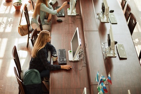 Caucasian woman using personal computer to browse the net in office library.の写真素材