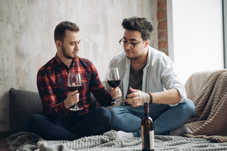 Laughing male gay couple drinking wine and preparing a mealの写真素材
