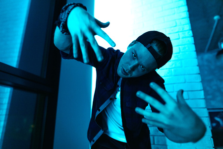 street guy is having fun in front of the cameraの写真素材