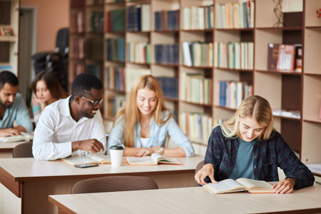 group of happy students reading books and preparing to exam in library
