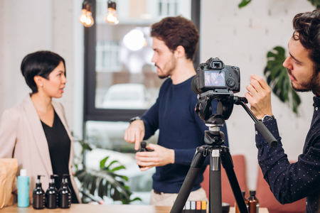 camera is recording the process of testing new creamsの写真素材