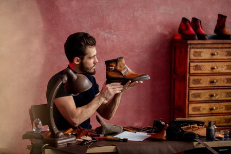 shoemaker looking at the boots with defects, close up side view photo.
