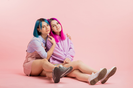 new generation, two friends throwing down the challenge, full length photo . enjoyment of each others company, copy spaceの写真素材