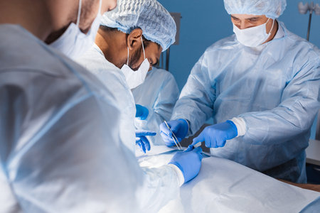Diverse team of professional surgeons performing invasive surgery on a patient in the hospital...
