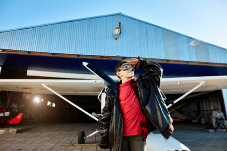 cute little kid stands outside hangar building near single-engine airplane, waiting his dad to land...