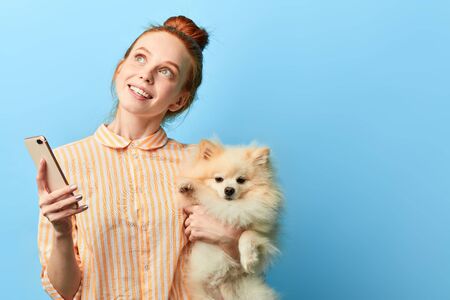 attractive pensive girl with sheltie in her hands making up a message to her boyfriend. close up portrait, isolated blue background, studio shot.copy space. idea concept.の写真素材