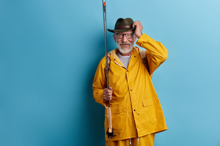 smiling happy old man enjoying his hobby, grandpa leading active lifestyle. isolated blue...