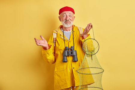 puzzled confused bearded old man with binocular and fishnet in hands shrugging his shoulders, close...