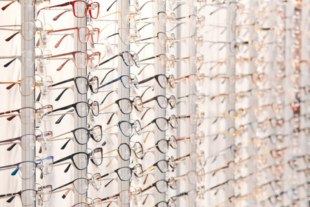 row of stylish glasses at an opticians. side view photo