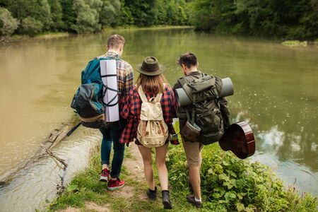 three friends walking in a forest, looking for a place to stay in, adventure concept. back view photoの写真素材