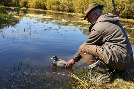Freed duck and hunter on lake. Hunting as hobby, hunting season concept