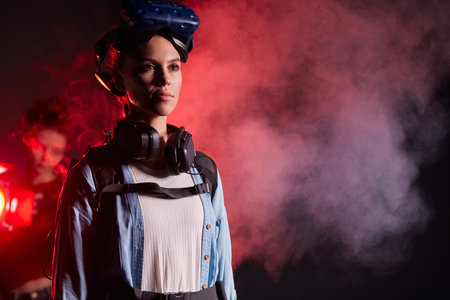 Girl with glasses of virtual reality on head. Virtual reality, science, future technology,...