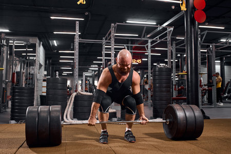 strong hairless man with thick beard, standing on brown floor, holding barbell, ready to do...
