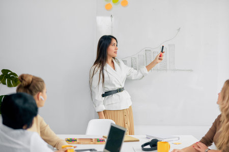 Good-looking female stand explaining business strategy to her business colleagues listening to her,...