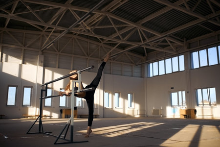 graceful pretty art gymnast making semi splits in the air standing on tiptoe, holding ballet bar,...