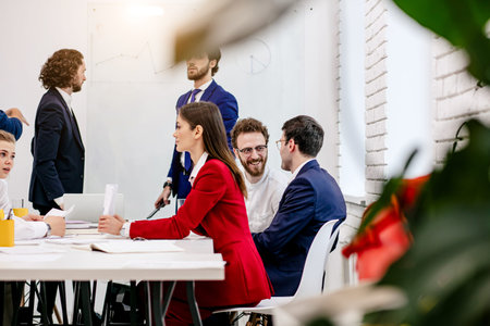 business co-working of friendly team in office, wearing formal wear, communicate with partners,...