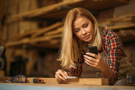 young caucasian carpenter woman use mobile phone during work, make handicraft looking at screen of...