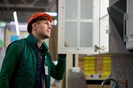 warehouse worker checking serviceability of shelves in the store. hard working staff in uniform and...
